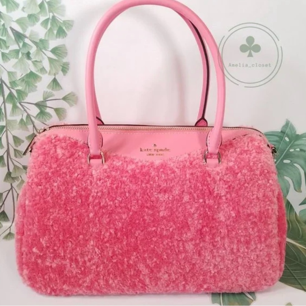 Brand New With Tags Kate Spade Mimi Faux Fur Pomegranate Smooth Leather Satchel - Picture 2 of 3